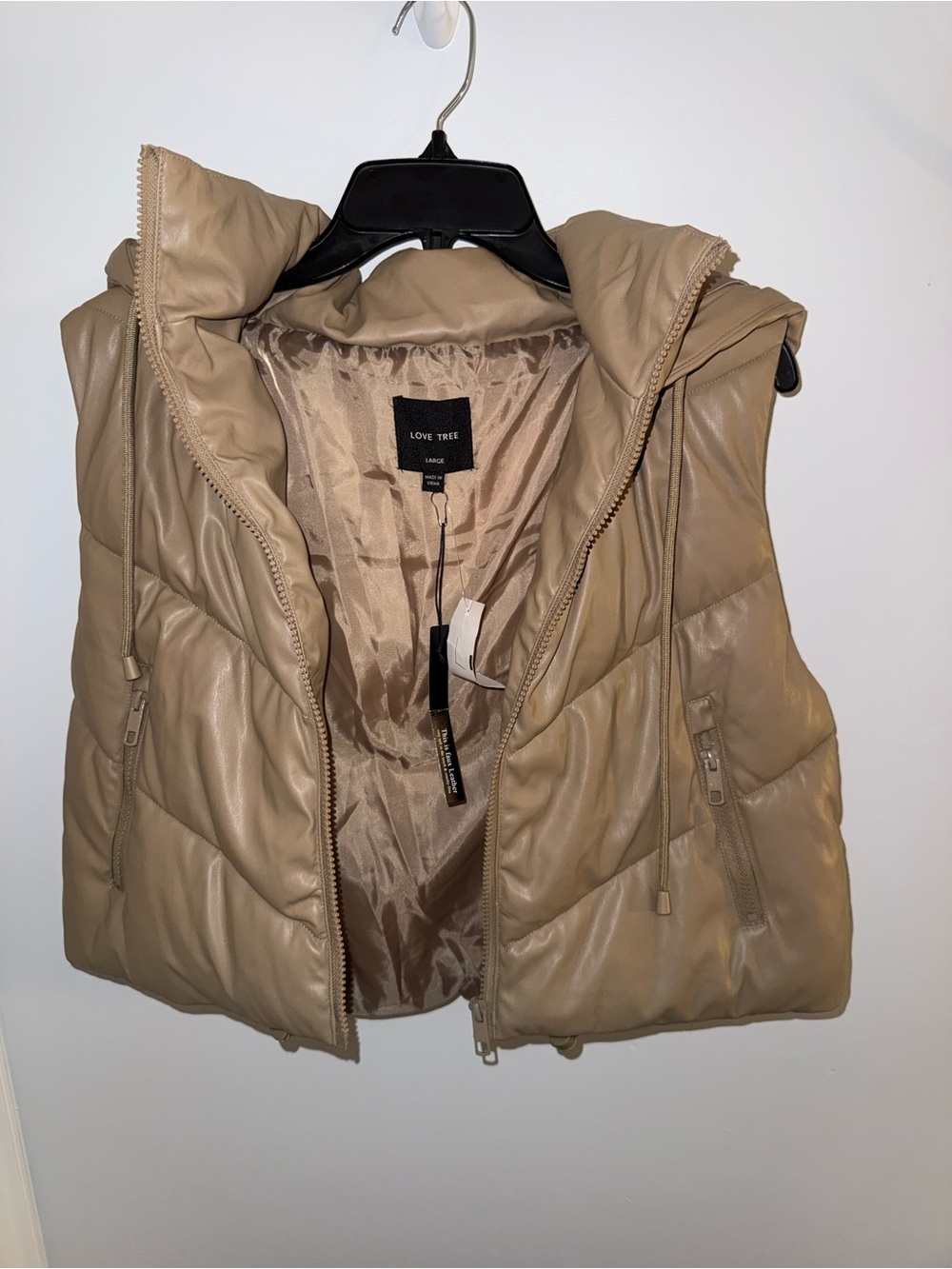 NWT Love Tree Women's Tan Faux Leather Cropped Puffer Vest with Hood